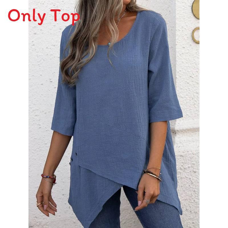 Camicia in Cotone e Lino Stile Bohémien Vestibilità Larga con Design Irregolare per Abbigliamento Casual Primaverile