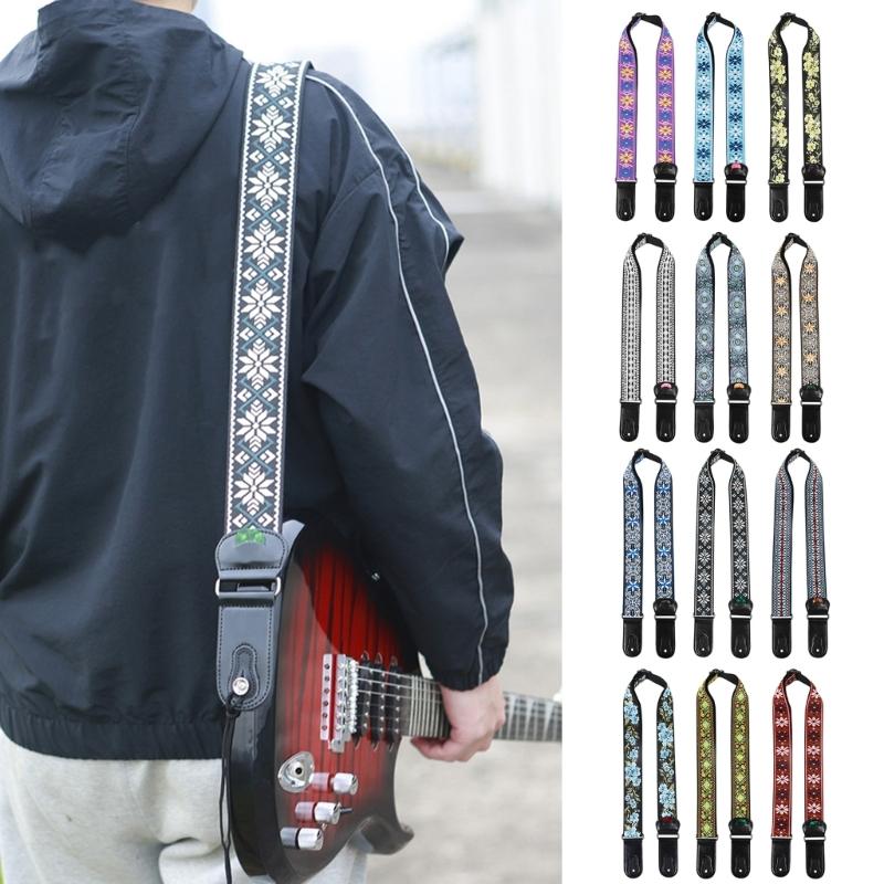 National Style Guitar Strap with Pick Pocket Adjustable Soft Cotton Shoulder Strap Leather Ends Guitar Straps