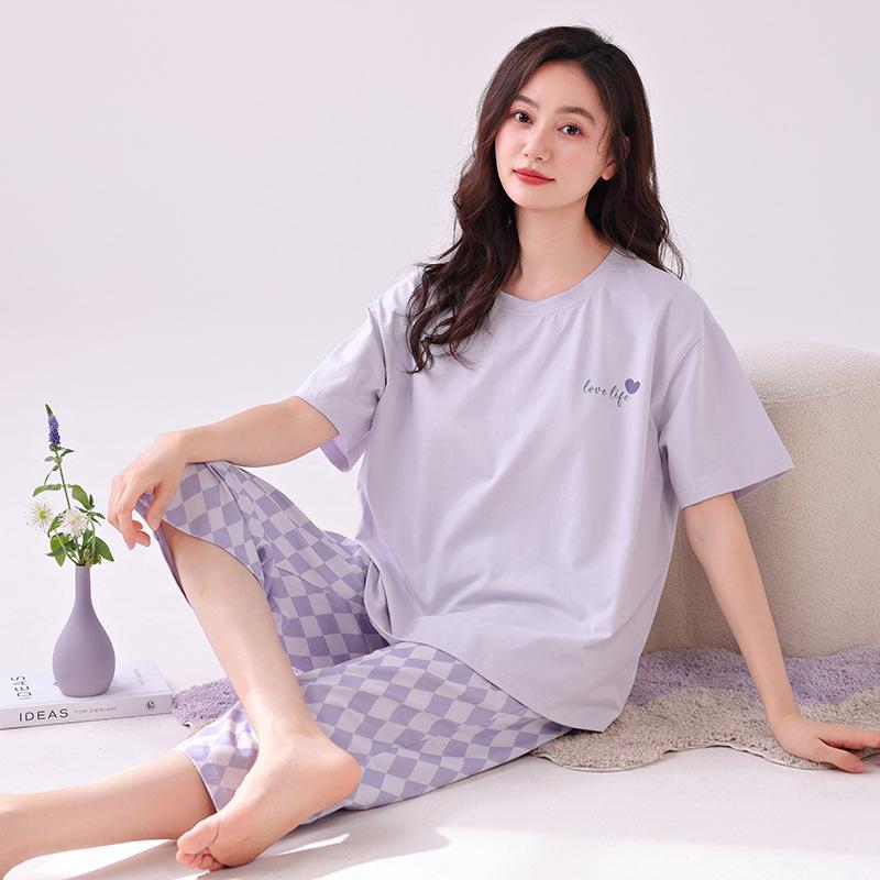 Women's Summer Cotton Pajama Set: Short Sleeve Top & Three-Quarter Pants, Thin & Plus Size