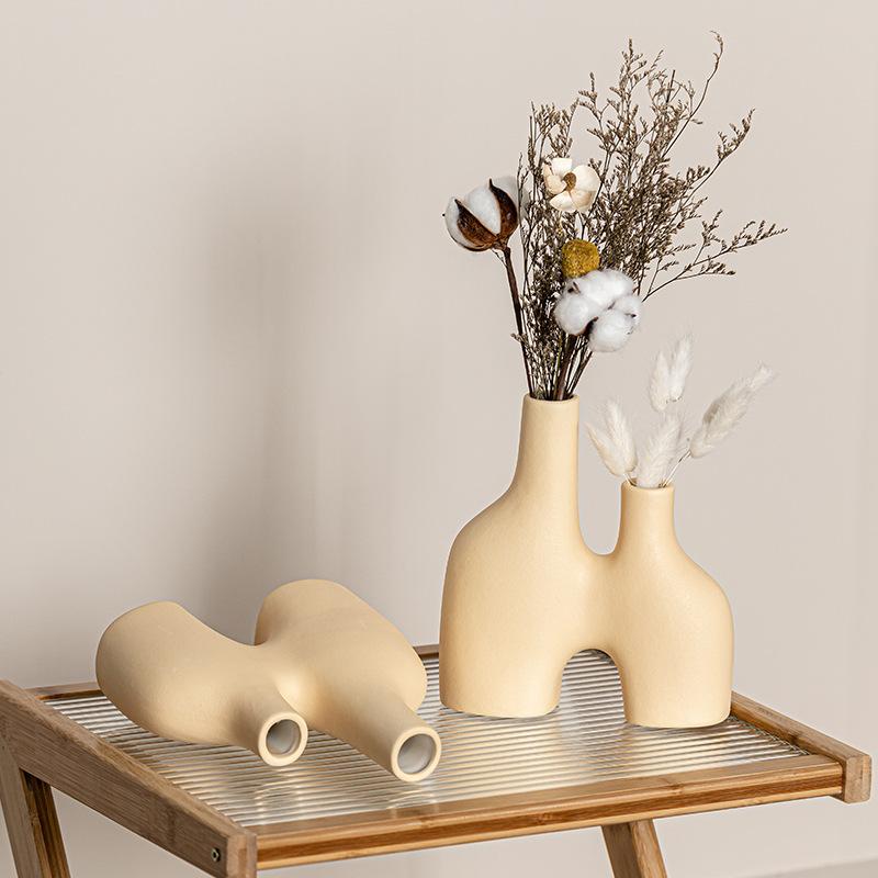 Promotional Simple Double-Port Flower Arrangement Creative Ceramic Vase Small Fresh Home Living Room Decoration Ornament