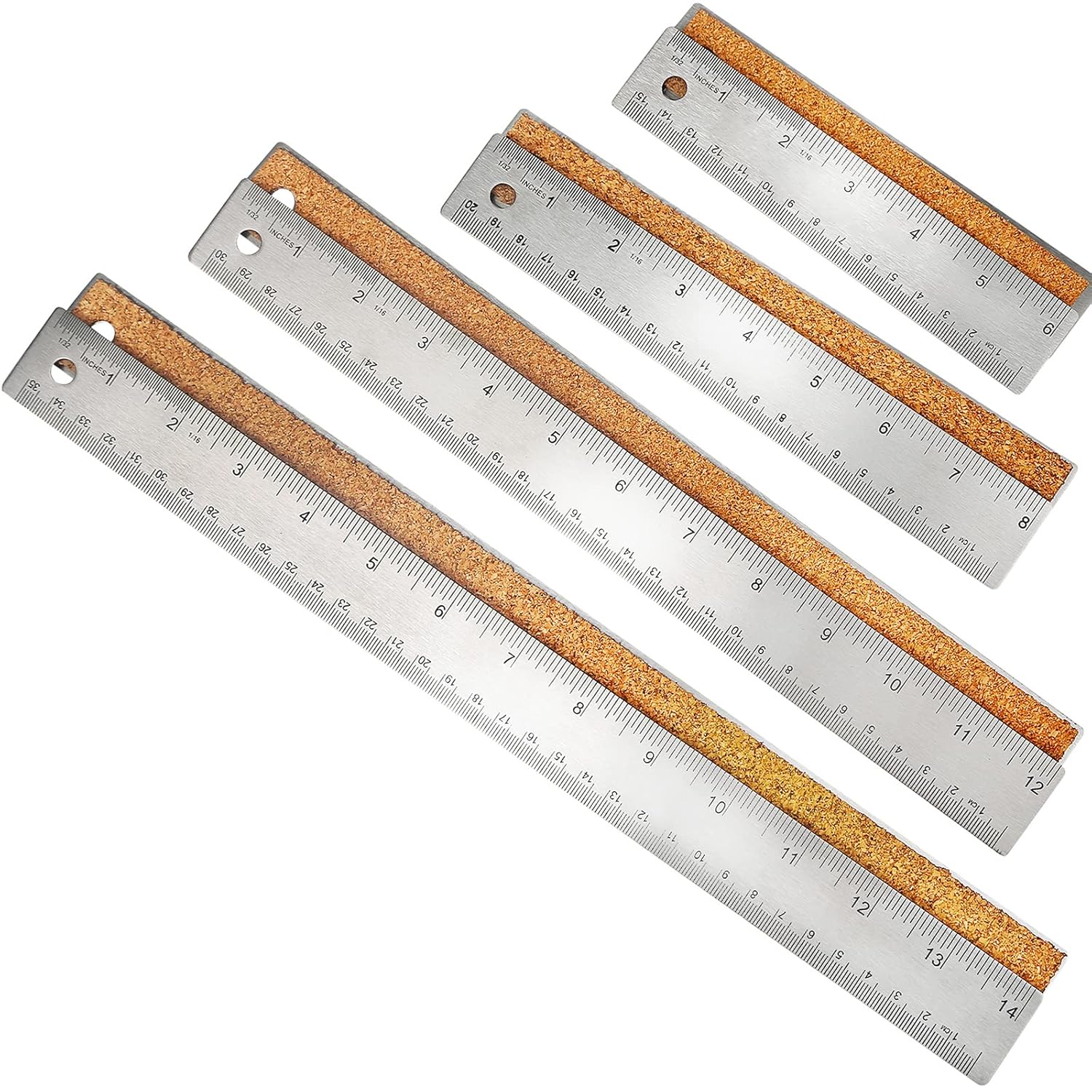 4 Pieces 6+8+12+14 inch Stainless Steel Metal Rulers Stainless Steel Cork Back Rulers Non Slip Straight Edge Ruler with Inch and Centimeters