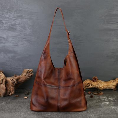 Borsa in vera pelle di grande capacità, borsa tote da ascella a spalla singola, borsa a tracolla retrò in pelle bovina personalizzata con ampia tracolla