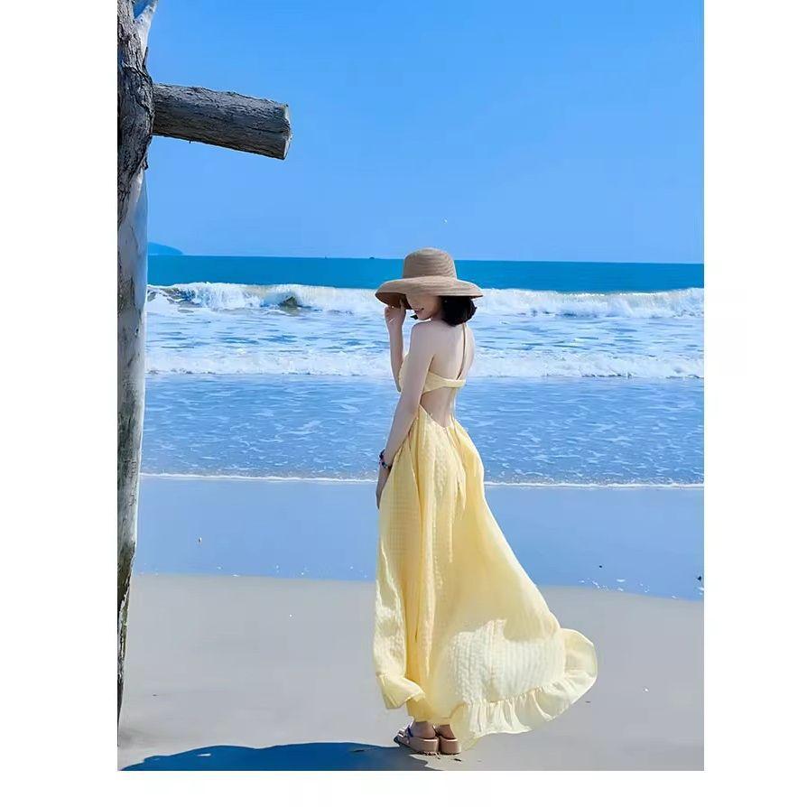 Seaside Vacation Dress High-end Yellow Neck Dress Suspender Chest Pad Backless Beach Dress Women's Sanya Wear