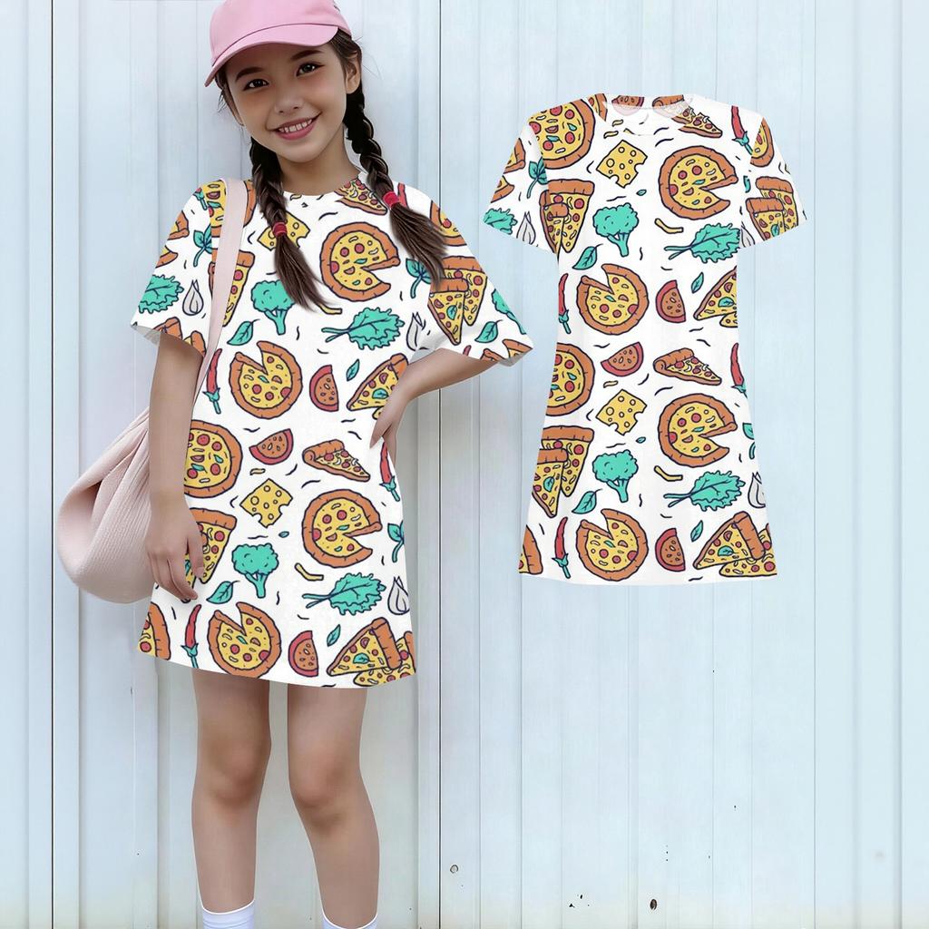 Girls Print Casual Dress Kids Loose Round Neck Short Sleeve Thin Sundress