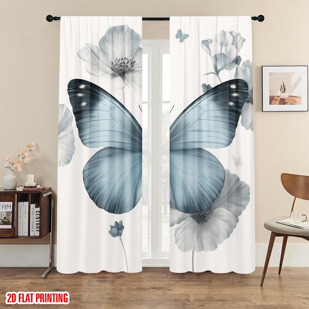2pc  2D Plane Printing Light Filtering Curtains Blue Butterfly Bliss Durable Polyester (without Rod) Holiday for Bedroom Office