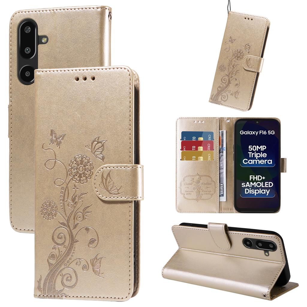 For Samsung Galaxy F16 5G/Galaxy M16 5G Leather Case Butterfly Floral Imprint Wallet Stand Cover