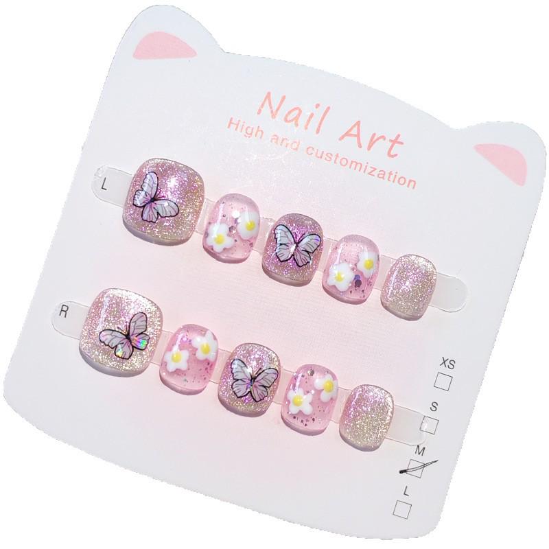 Kids' Wearable Glitter Nail Stickers – Hand-Painted Butterfly & Flower Designs for Ages 3-12