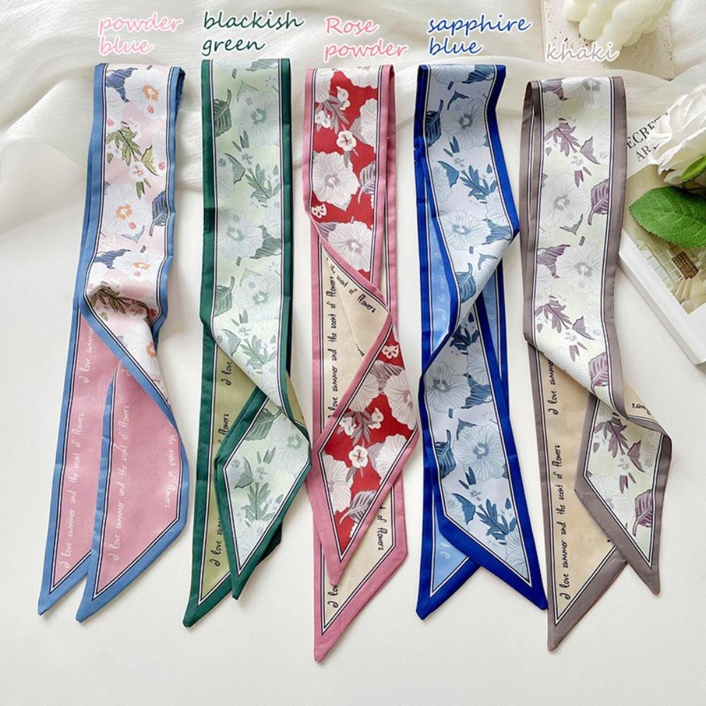 Summer Floral Silk Satin Scarf Narrow Thin Neckerchief Tied Hairband Bag Decoration Long Vacation Headscarf