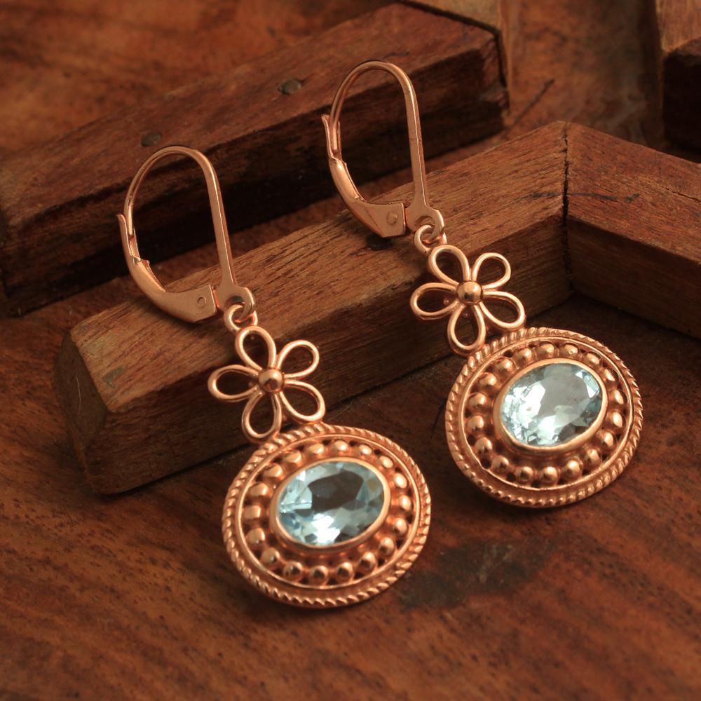 Rose Gold Plated Blue Topaz Leverback Lock Earring 925 Sterling Silver December Birthstone Women Jewelry