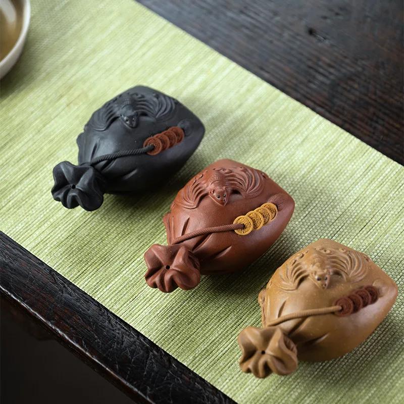Chinese Yixing Purple Clay Tea Pet Lucky Money Bag Model Ornaments Handmade Sculpture Crafts Desktop Decors Tea Set Decoration