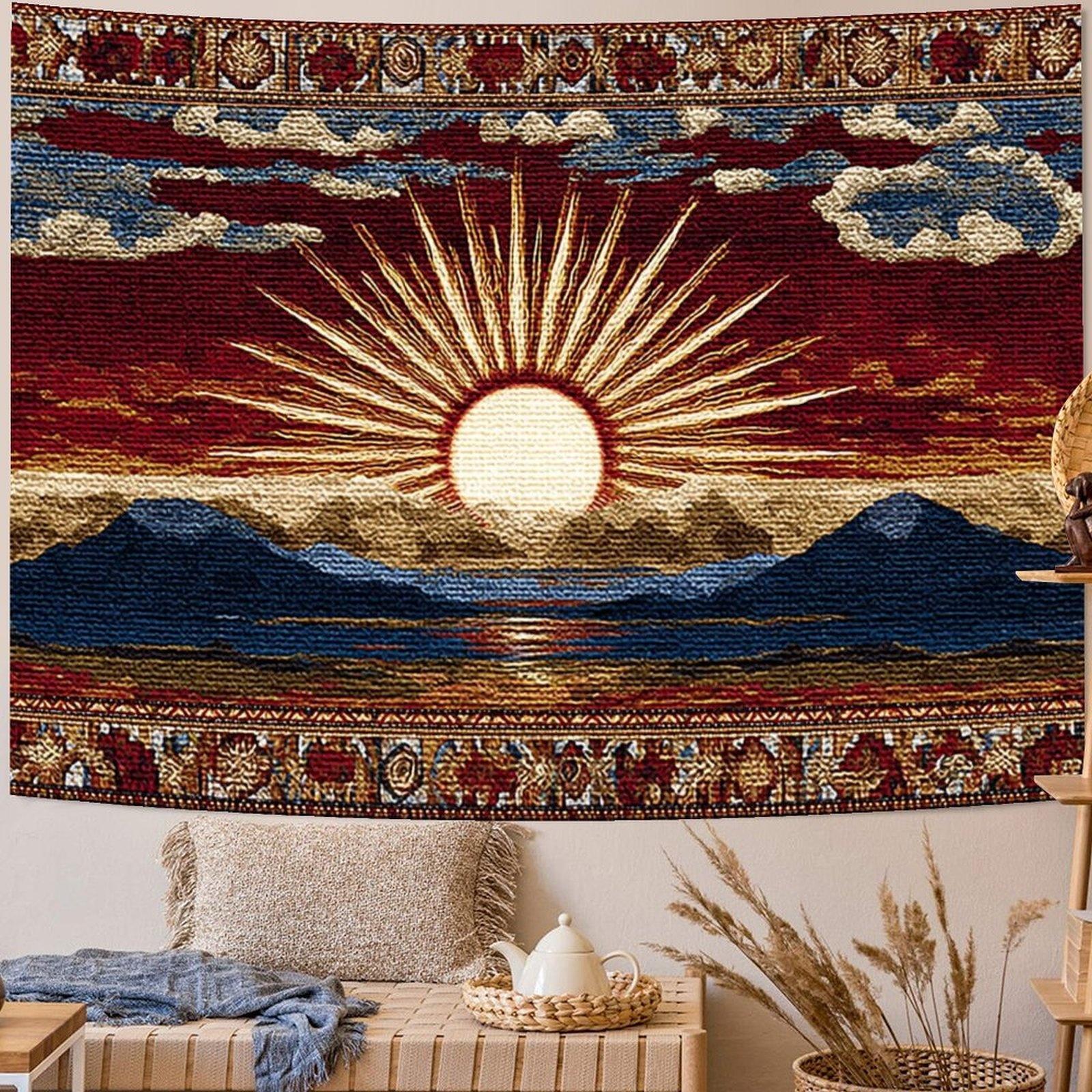 Bohemian Vintage Sunrise Mountain Tapestry Medieval Weaving Wind Sun God Printed Room Decoration 100X70CM