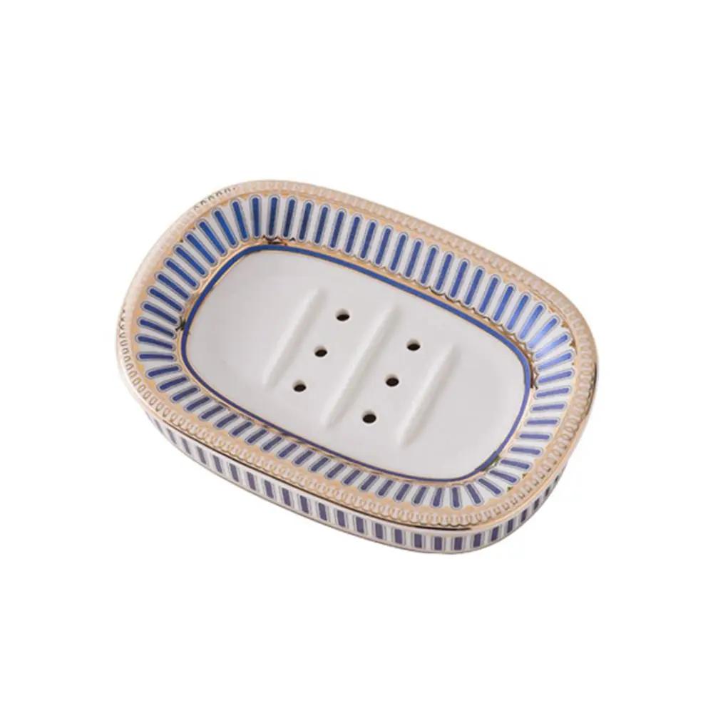 Light Luxury Ceramic Soap Holder Nordic Style Eco Friendly Self Draining Soap Dish Blue and White Stripes Convenient Cleaning