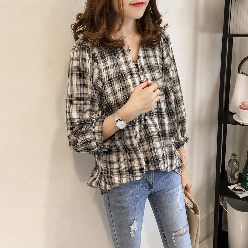 Women Loose-fitting Plaid Pattern Lantern Sleeves Three-quarter Sleeve Blouse