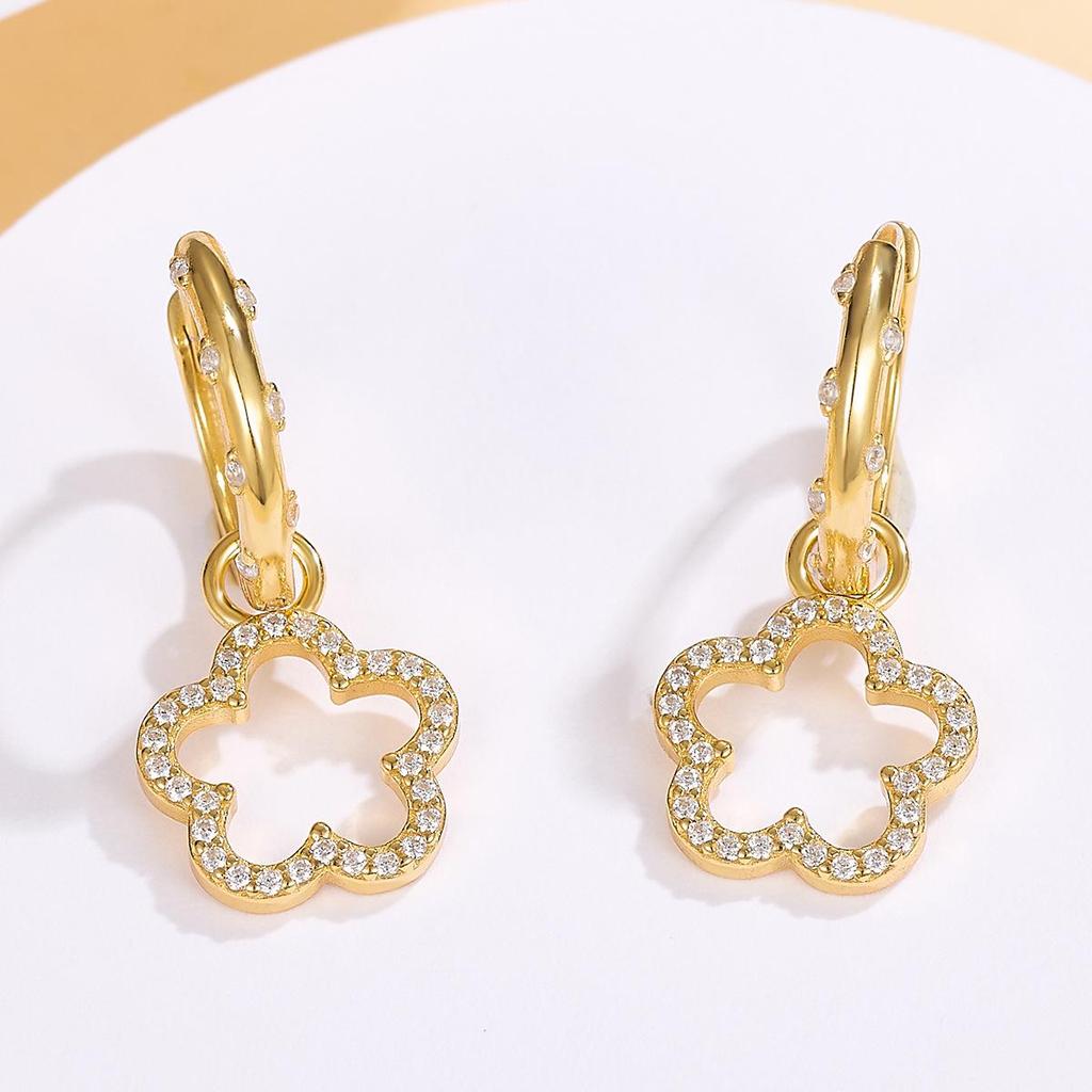 S925 Silver Hollow Five-Leaf Clover Zirconia Earrings - Elegant Light Luxury Daily Jewelry