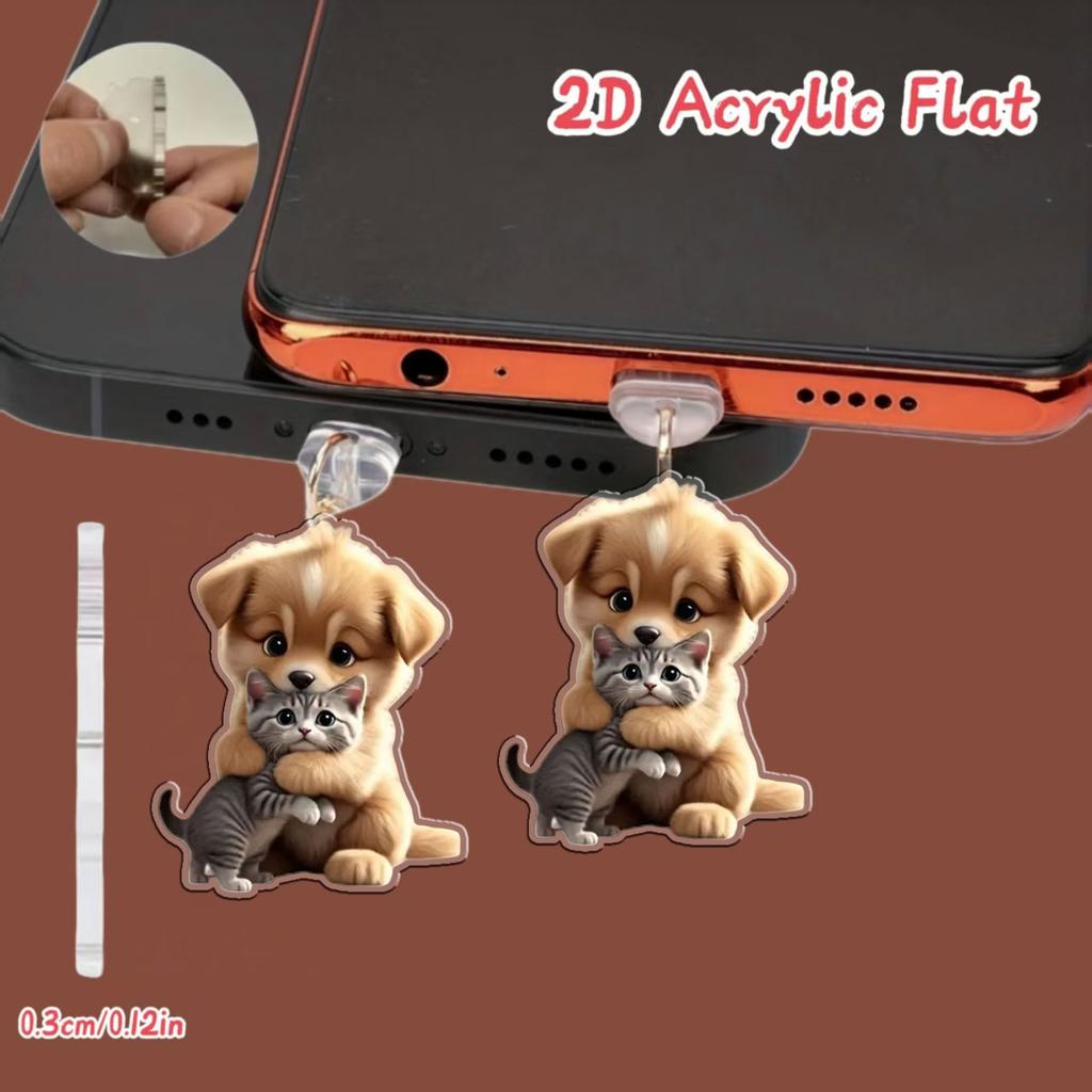 2D Flach 1 Stück Katze & Hund Harmonie Acryl Handy Staubschutzstecker, Kompatibel mit iPhone/Typ-C Anschluss für Mobile Pflege und Wartung
