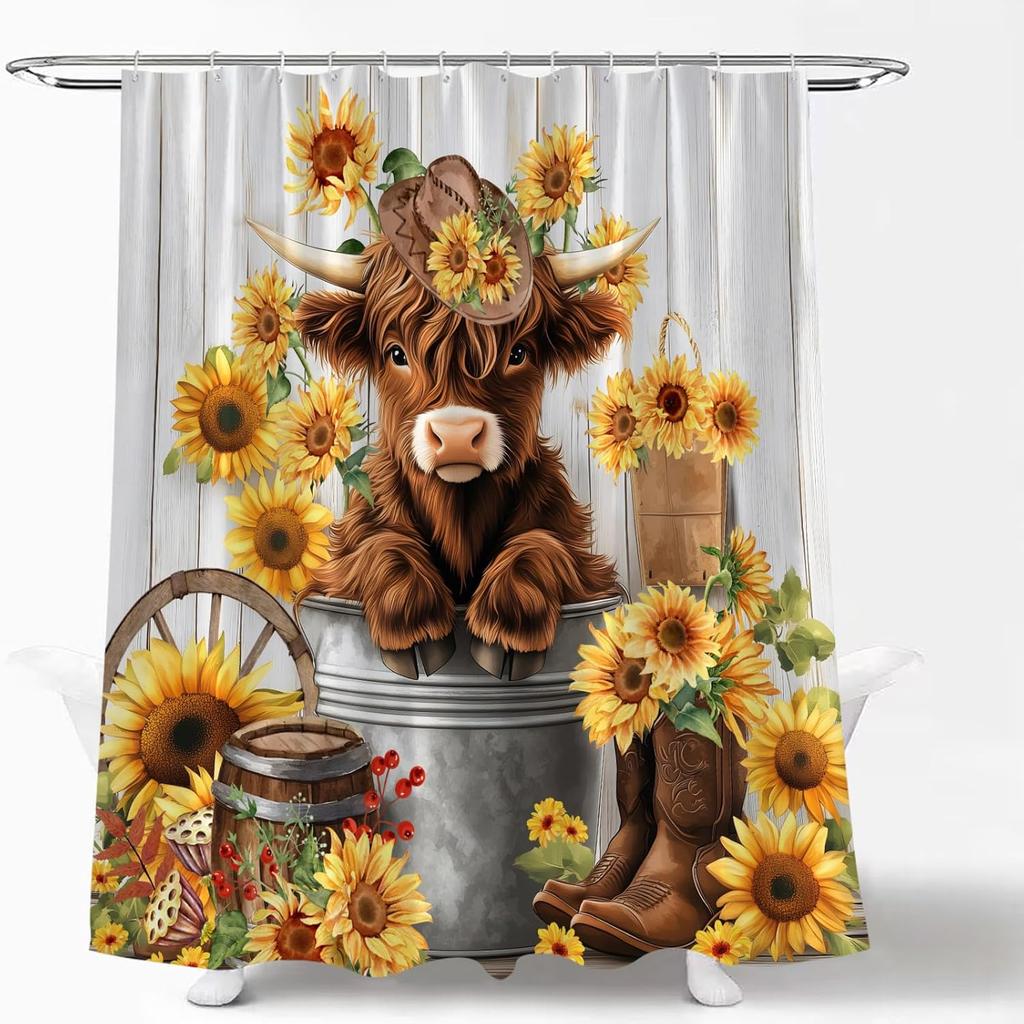 Cute Highland Cow Shower Curtain Farmhouse Rustic Sunflower Cattle Wooden Western Cowboy Shoes Funny Bull In Bucket Floral Country Fabric Bathroom