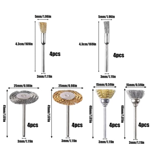 24-Piece Wire Brush Set with 3mm Shanks, Including T-Shaped, Bowl-Shaped, Pen-Shaped, Steel-Shaped, and Brass-Shaped Brushes for Drills, Routers, and