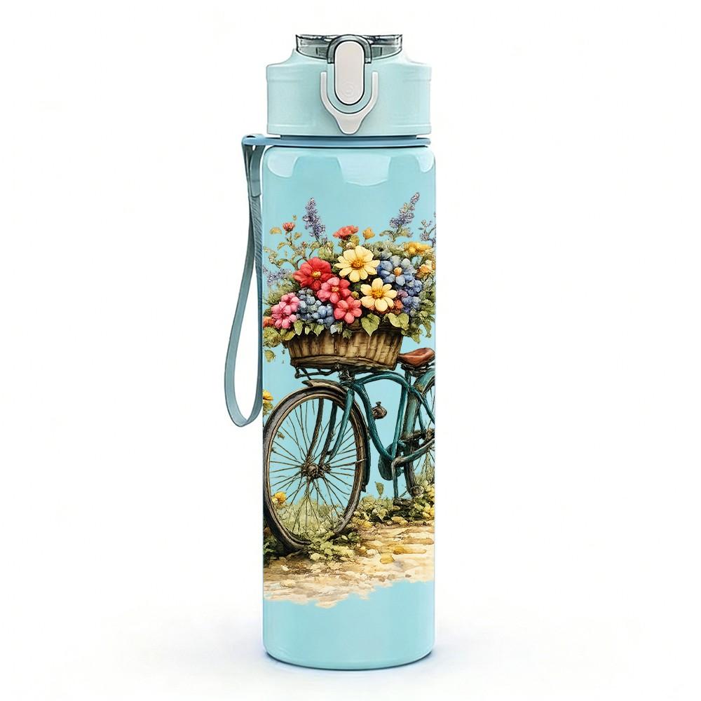 1PC Bicycle Flower Basket Art Print 750ml Color Plastic Sports Water Bottle Leakproof Flip Straw Lid Suitable for Sports Office Home Use