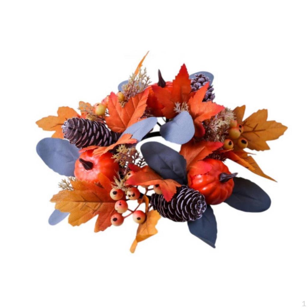Candle Holder Autumn Fall Harvest Wreath with Pumpkins for Hosts, Thanksgiving, Mantel