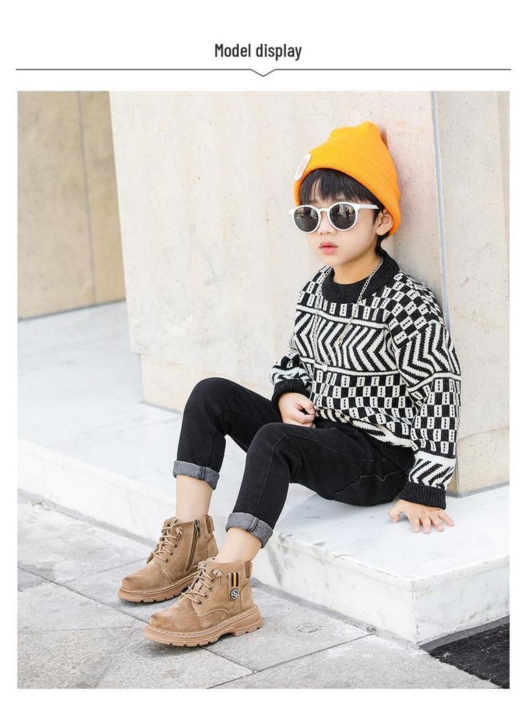 Children's Black Martin Boots - Boys' 2025 Autumn & Winter Non-slip Velvet Hiking Boots