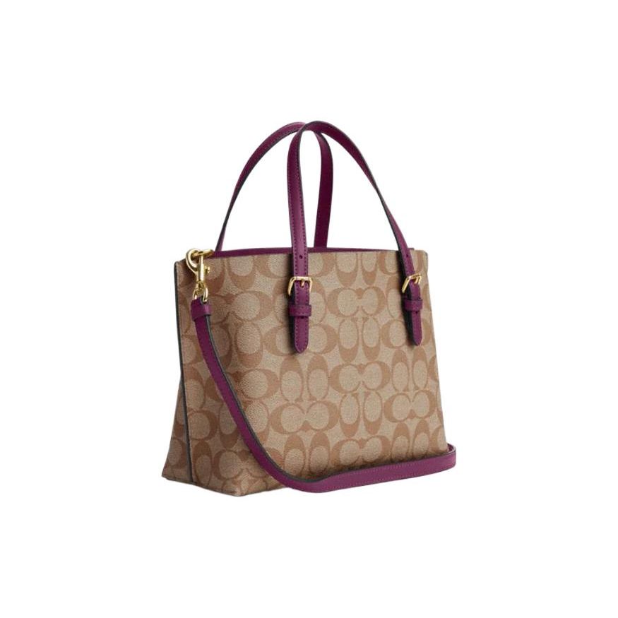 Coach Mollie Zipper Closure Coated Canvas And Leather Tote Bag Women Tote Khaki Boysenberry C4250-IMRSF