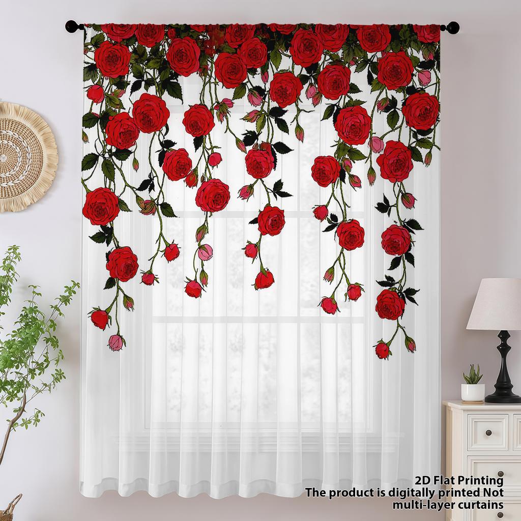 Luxury Red Rose Vine One Piece Curtain Romantic Vintage Style French Decorative Window Treatment Soft Privacy Screen Curtains Sheer Made Of Polyester