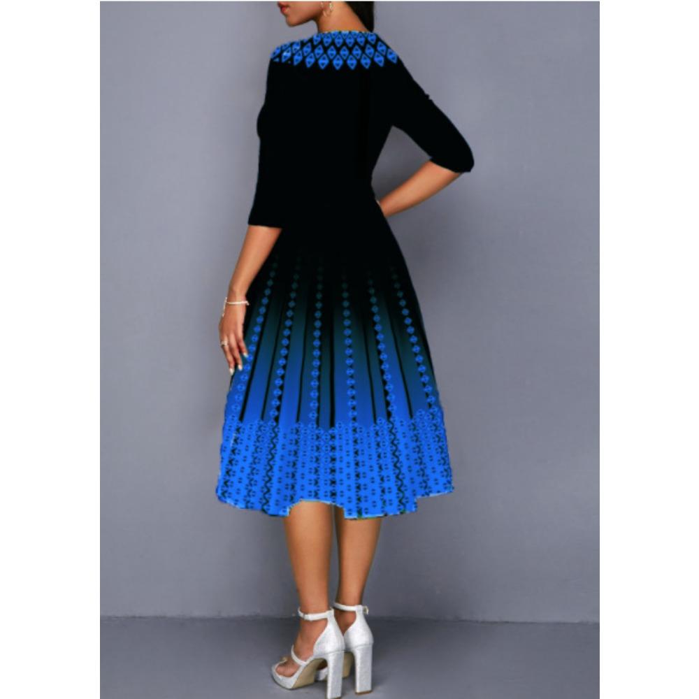 Women's Gradient Fashion Printed Temperament Mid Sleeve Waist Cinched Dress