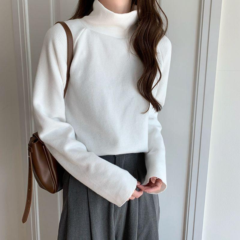 Korean-Style Autumn Loose Mid-High Neck Long Sleeve Shirt for Women - Solid Color Trendy Base Layer.