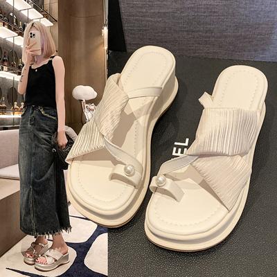 Fashion 2024 Summer New One Line Sandals Fashionable Slippers with Matsuke Thick Sole Slope Heel Slippers