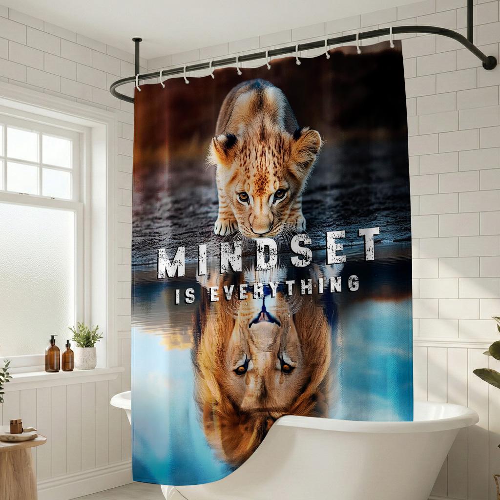 Mindset Is Everything Lion Shower Curtain, Motivational Lion Cub Reflection Bathroom Decor, Inspiring Animal Fabric Curtain