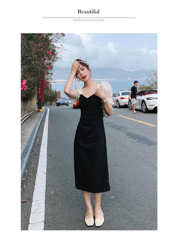 Damen 2021 Sommer Schwarz Slim Kurzarm Midi-Kleid