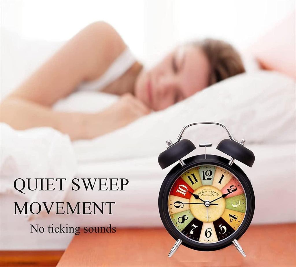 Table Clock Retro Twin Bell Metal Frame Alarm Clock with Night Backlight Function & Silent Motion, Bedside Luminous Alarm for Students