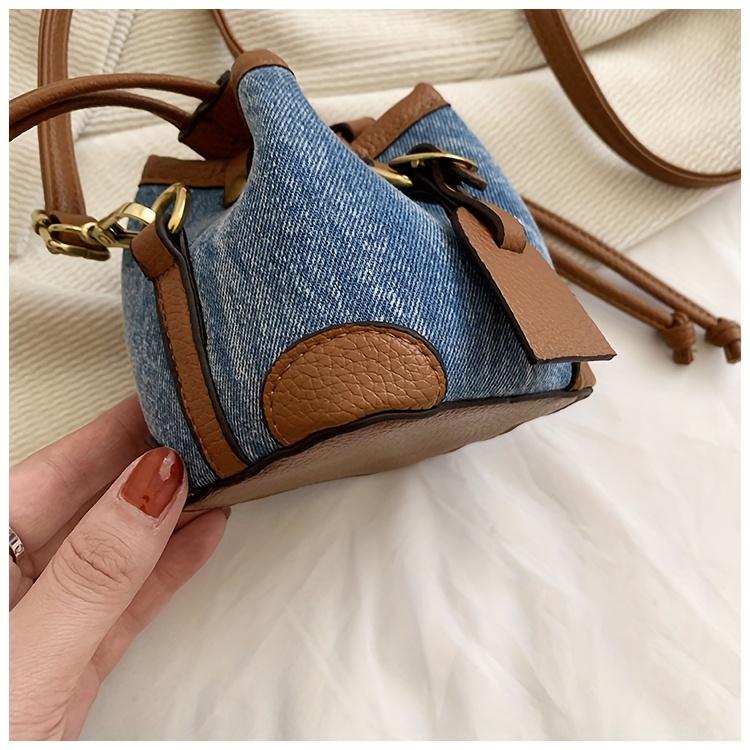 Trendy Color Block Mini Bucket Bag For Girls Cute PU Leather Crossbody Bag Lightweight Drawstring Shoulder Bag For School Parties