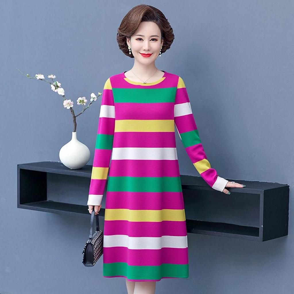 2026 New Women's Mid-Length Striped Slimming Dress - Long Sleeve, Round Neck, Age-Defying - Perfect for Middle-Aged & Elderly