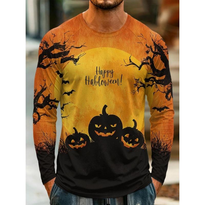Men Long Sleeve T‑Shirt Purple Halloween Night Black Cat Pumpkin Bat Moon Print Crew Neck Casual Tops