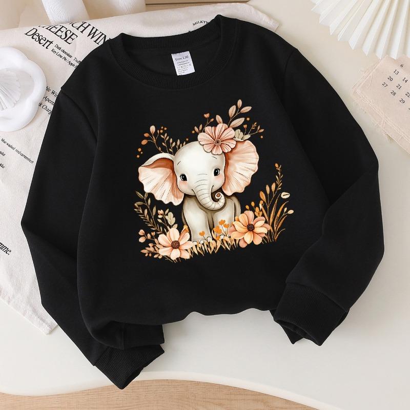 Kinder Rundhals-Sweatshirt, Niedlicher Elefant mit Blumenprint, Weicher Freizeit-Pullover für Herbst Winter
