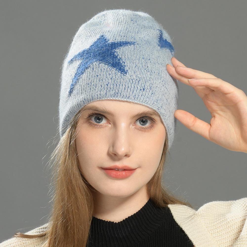 Pentagram rabbit velvet double-layer warm wool hat autumn and winter knitted hat windproof ear protector striped hat cold hat