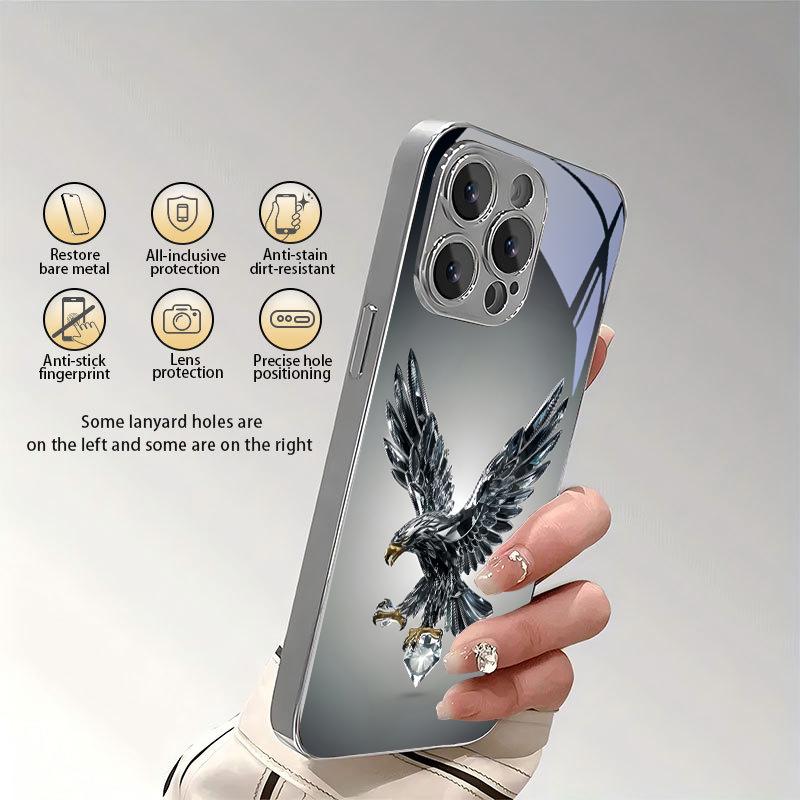 Diamond Eagle Art Electroplated Silver Phone Case For iPhone 17Air 17 16 15 14 13 12 11 Pro Max Plus 16E XR 7 8 X Xs Glass Cover