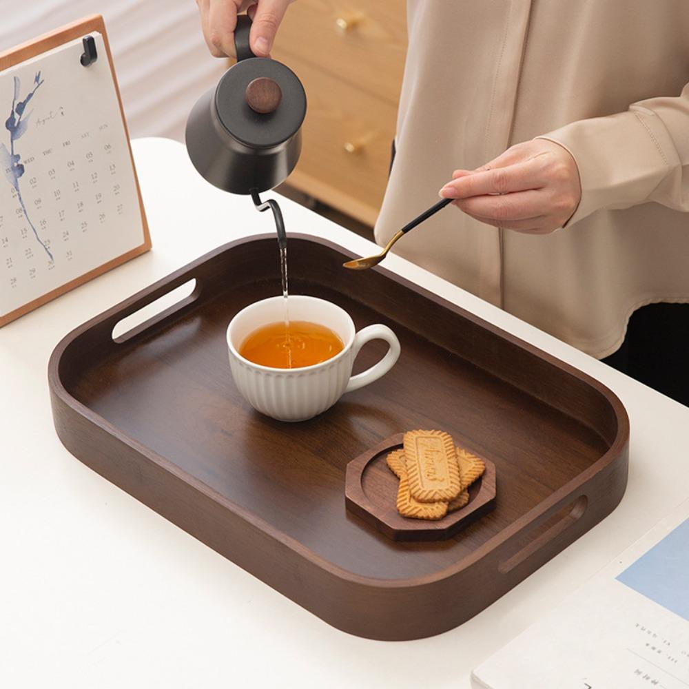 Polished Walnut Tea Tray Hollowed-out Handle Afternoon Tea Tray Durable Tea Serving Plate  Kitchen