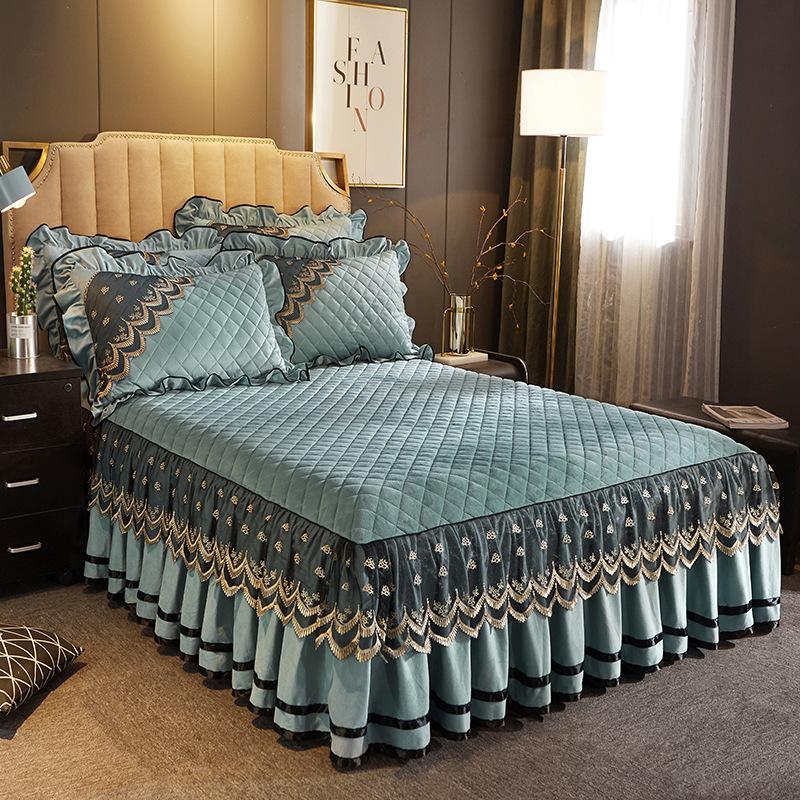 European-style Crystal Velvet Quilted Bed Skirt Single Piece Autumn Winter Thickened Lace Bedspread Bed Cover Non-slip Sheets