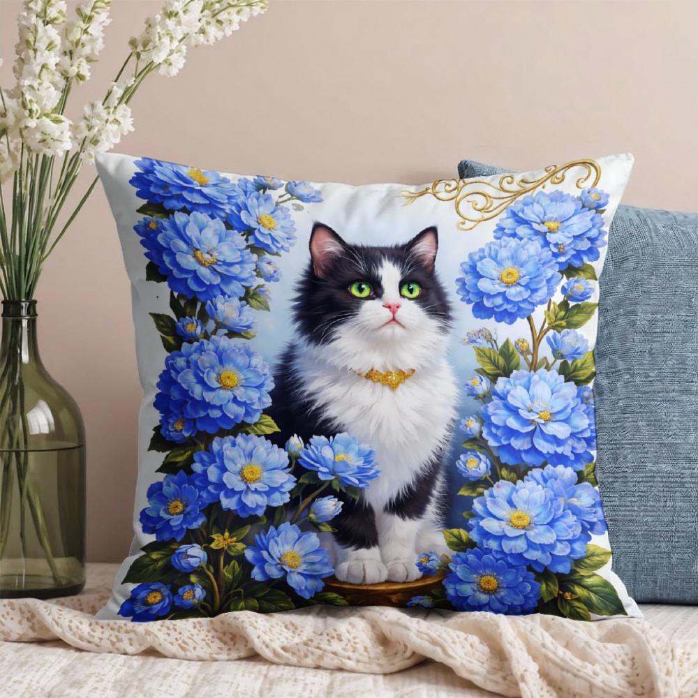 Cushion Cover White Cat With Blue Flowers And Golden Collar Decorative Pillow For Living Room Bedroom Or Chair