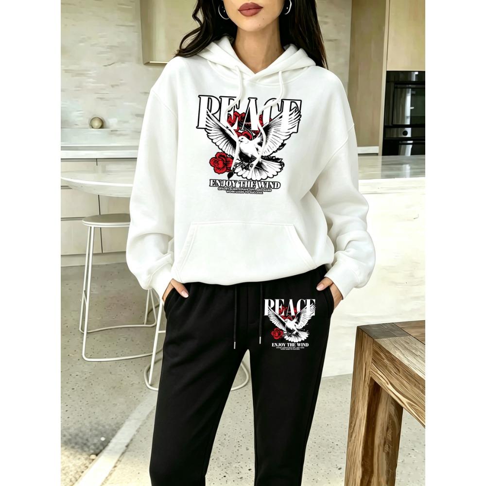 Peace Dove Rose Enjoy The Wind Print Y2K Women'S Hoodie Set Casual Pocket Jogging Pants Loose