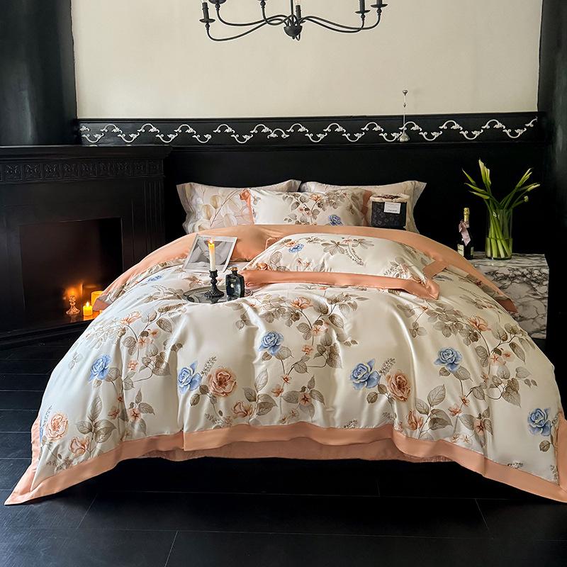 100-Piece Light Luxury Long-Staple Cotton Reactive Print 4-Piece Bedding Set with Wide-Edge Bed Sheet & Duvet Cover