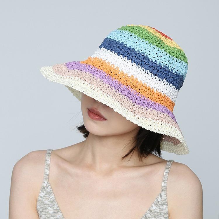 Rainbow Striped Straw Bucket Hat Women's Summer Breathable Sunscreen Face Small Sunshade Sun Hat Beach Fashion Straw Hat