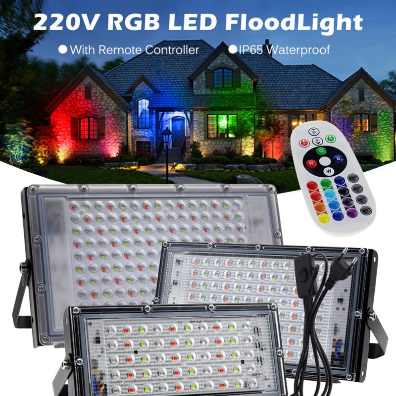 Led Floodlight With Remote Control Outdoor Colorful Rgb Flood Light Spotlight Landscape Lighting