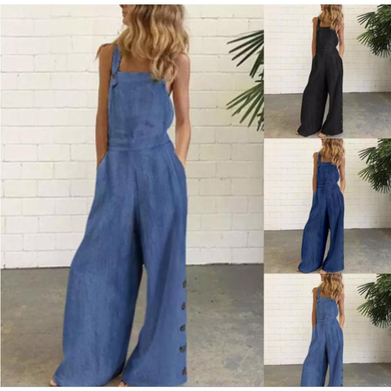 2026 New Women's Solid Color Sleeveless Jumpsuit, Side Button Wide Leg Romper with Pockets, Loose Fit Casual Overalls for Daily Wear