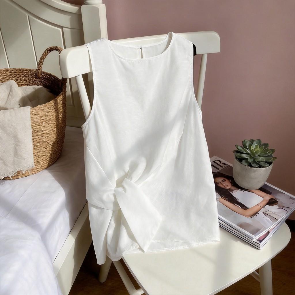 Minimalist White Cotton Knot Tank Top For Summer Casual Wear Women