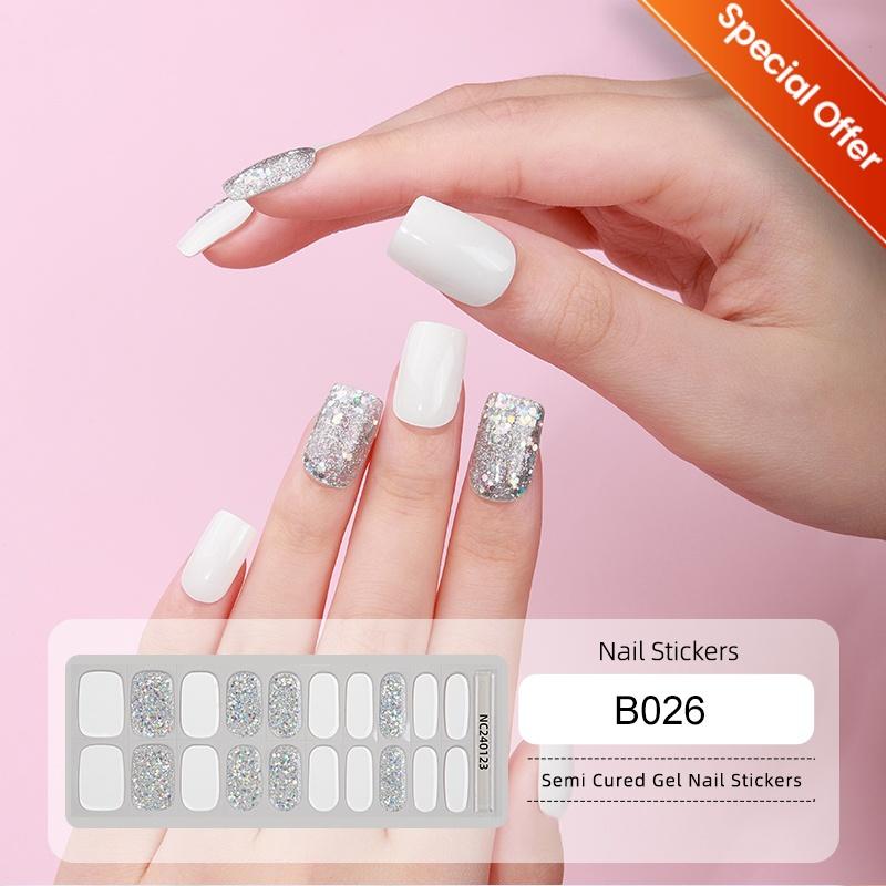 20Tips Gradient French Semi-cured Gel Nail Sticker UV Lamp Needed Full Cover Nail Gel Polish Wraps Manicure Press On Nails Decal