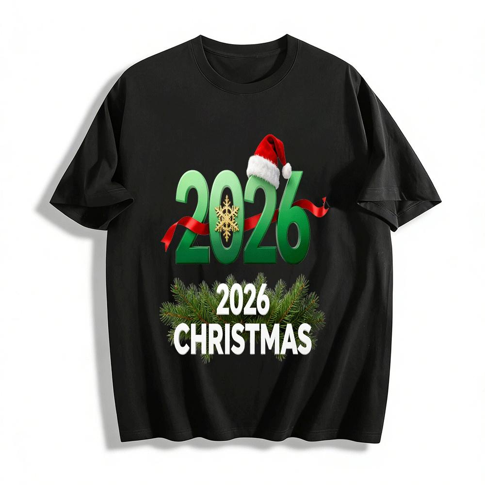 2026 Christmas Themed New Year Vibe Printed Casual Top Pure cotton T-shirt XXS