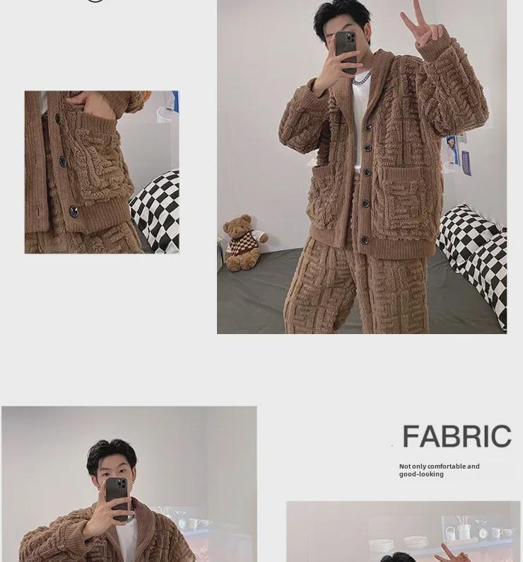 Men's V-Neck Cardigan Flannel Pajama Set - Coral Fleece, Thick, Korean Style, Large Size, 2023 Autumn/Winter